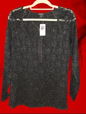 NWT Torrid Black Smocked Strech Lace  Henley Knit Top